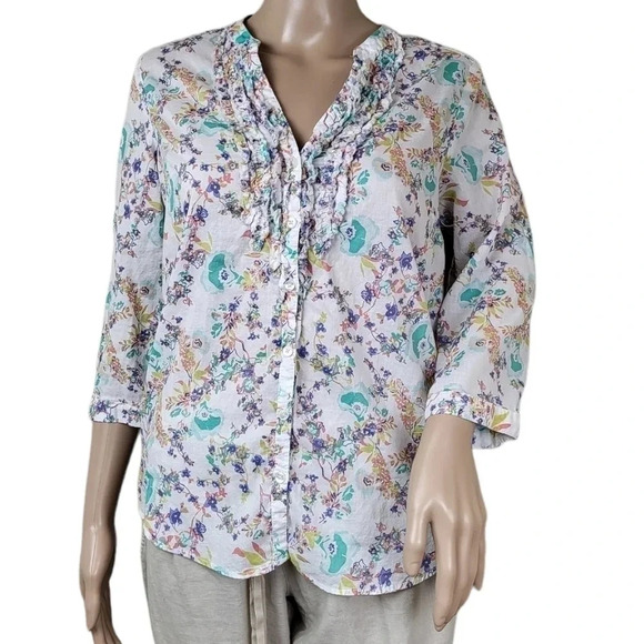 LAUREN CONRAD White Turquoise V-Neck Button Front 3/4 Sleeve Top Shirt - Picture 1 of 7